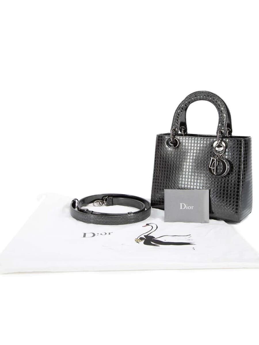 CHRISTIAN DIOR Metallic Patent Micro Cannage Medium Lady Dior Onyx Black