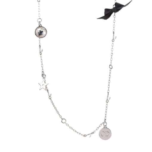 Christian Dior Logo Bow Charm Chain Necklace Metal with Beads - Image 8