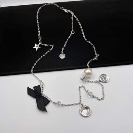 Christian Dior Logo Bow Charm Chain Necklace Metal with Beads - Image 6