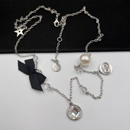 Christian Dior Logo Bow Charm Chain Necklace Metal with Beads - Image 5