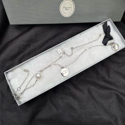 Christian Dior Logo Bow Charm Chain Necklace Metal with Beads