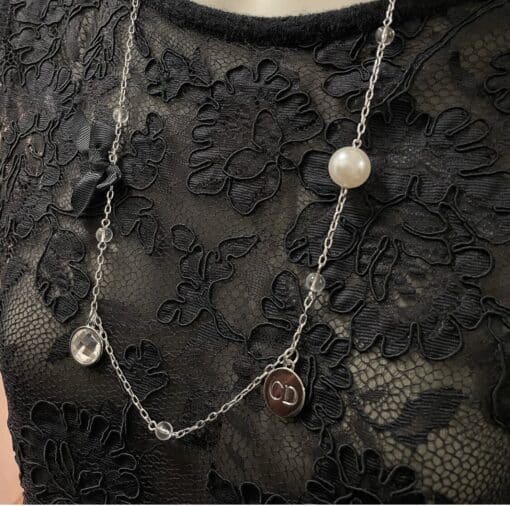 Christian Dior Logo Bow Charm Chain Necklace Metal with Beads - Image 10