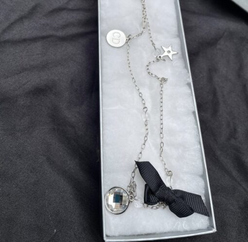 Christian Dior Logo Bow Charm Chain Necklace Metal with Beads - Image 11