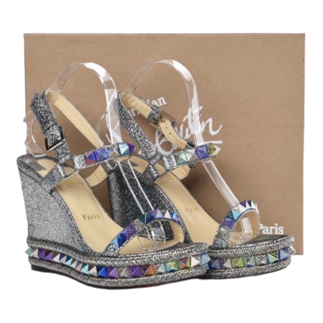 Christian Louboutin Nappa Mica Pyraclou 110 Wedge Sandals Silver Size 40