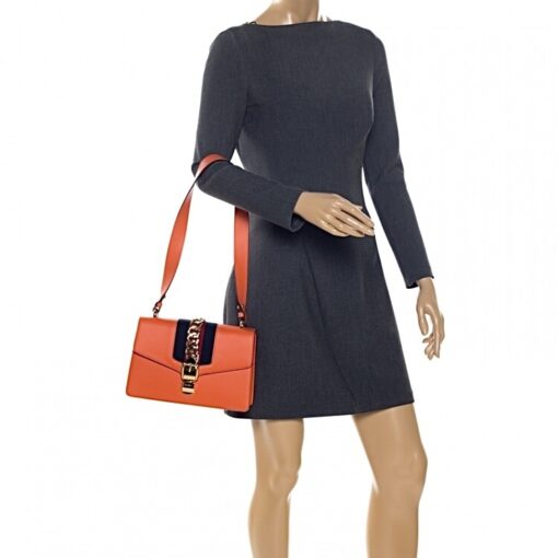 Gucci Orange Small Leather Web Chain Sylvie Shoulder Bag - Image 9