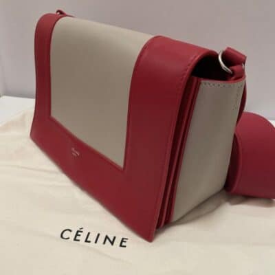 CELINE Shiny Smooth Calfskin Medium Frame Shoulder Bag Poppy Red Clay.