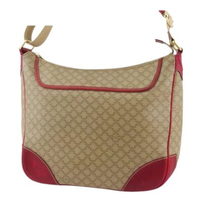 Celine Vintage Brown Canvas and Leather Shoulder Bag Red.