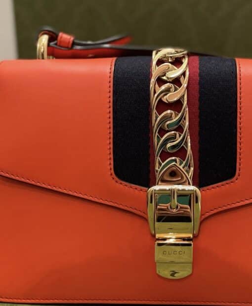 Gucci Orange Small Leather Web Chain Sylvie Shoulder Bag - Image 13