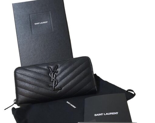 SAINT LAURENT Grain De Poudre Matelasse Chevron Monogram Zip Around Wallet in Black - Image 8