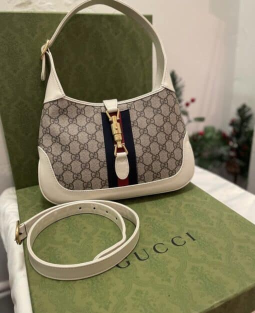 Gucci White/Beige Canvas and Leather Jackie 1961 Small Shoulder Crossbody Bag