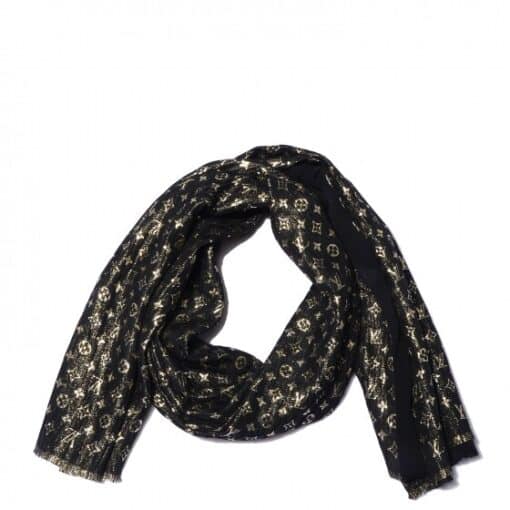 Louis Vuitton Silk Monogram So Glitter Shawl/Scarf In Black and Gold - Image 5