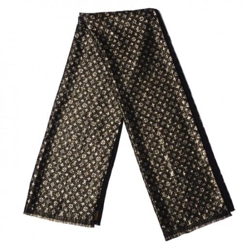 Louis Vuitton Silk Monogram So Glitter Shawl/Scarf In Black and Gold - Image 6