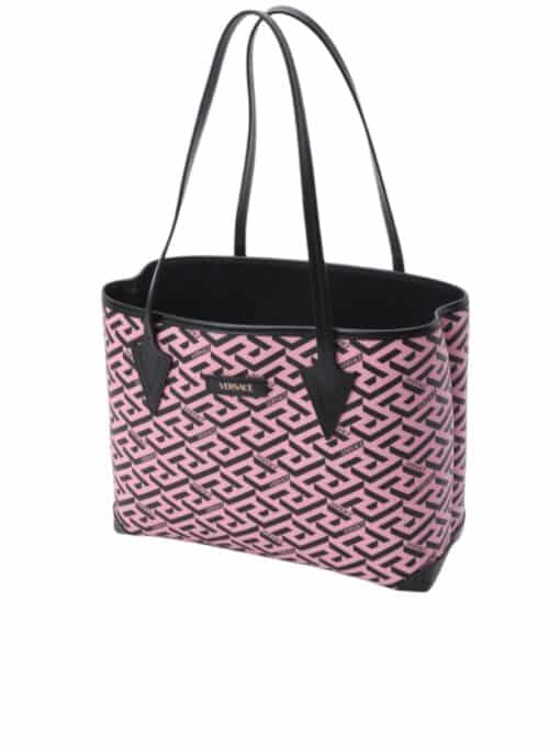 VERSACE Coated Canvas Calfskin La Greca Signature Tote Bag Black /Pink. - Image 3