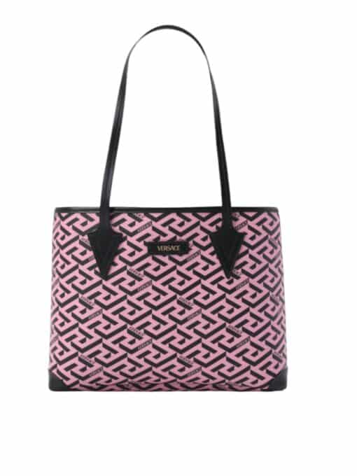 VERSACE Coated Canvas Calfskin La Greca Signature Tote Bag Black /Pink. - Image 6