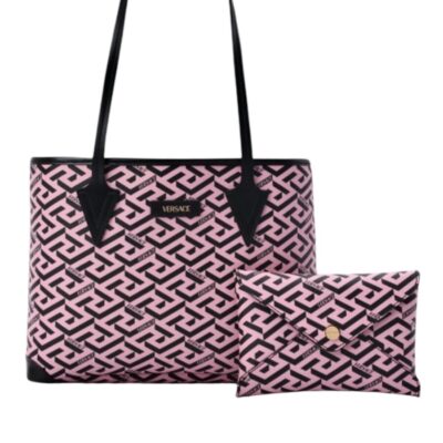 VERSACE Coated Canvas Calfskin La Greca Signature Tote Bag Black /Pink.