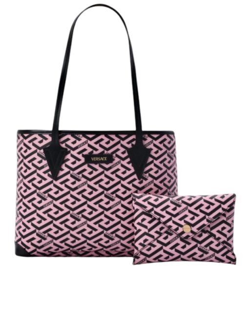VERSACE Coated Canvas Calfskin La Greca Signature Tote Bag Black /Pink.