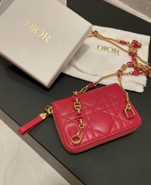CHRISTIAN DIOR Lambskin Cannage Mini Caro Zipped Pouch Raspberry - Image 13