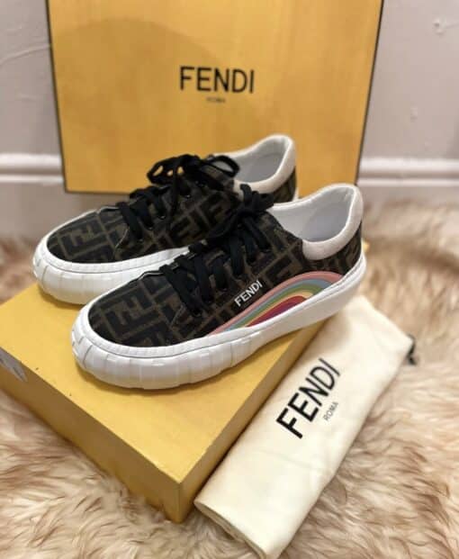 FENDI Jacquard FF Rainbow Ladies Fendi Force Low-Top Sneakers Tobacco Black White Multicolour (Size 39) - Image 12