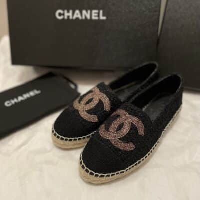 Chanel Black Tweed CC Cap Toe Espadrille Flats (Size 36)
