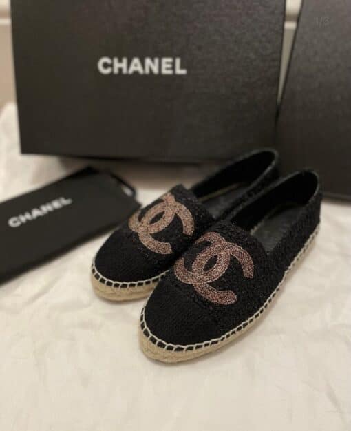 Chanel Black Tweed CC Cap Toe Espadrille Flats (Size 36)