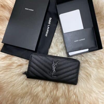 SAINT LAURENT Grain De Poudre Matelasse Chevron Monogram Zip Around Wallet in Black