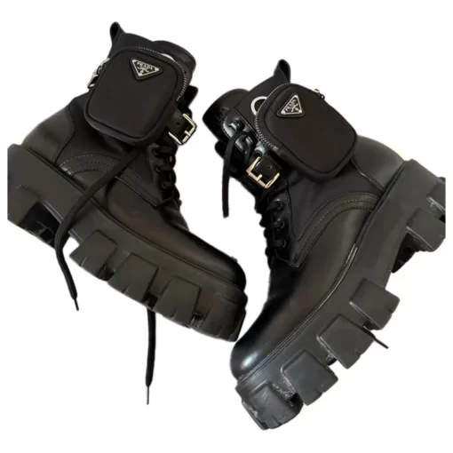 PRADA Spazzolato Rois Nylon Metal Triangle Logo Monolith Pouch Pocket 55mm Boots in Black (Size 39) - Image 6