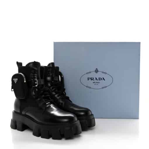 PRADA Spazzolato Rois Nylon Metal Triangle Logo Monolith Pouch Pocket 55mm Boots in Black (Size 39)