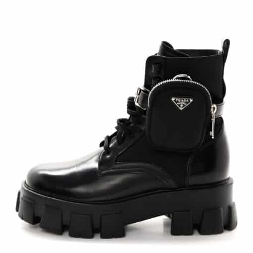 PRADA Spazzolato Rois Nylon Metal Triangle Logo Monolith Pouch Pocket 55mm Boots in Black (Size 39) - Image 2