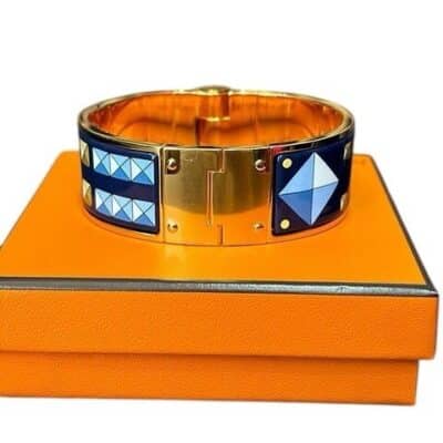 Hermes Charniere M Hinged Colliers De Chiens Gold Blue Enamel Bracelet