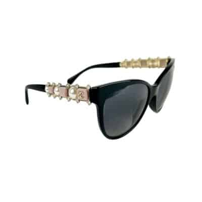 CHANEL Black Acetate Ladies Cat Eye Frame Bijou Pearl Sunglasses