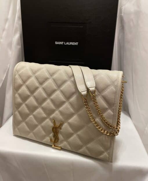 SAINT LAURENT Lambskin Quilted leather Becky Chain Bag Crema Soft.