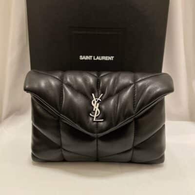 SAINT LAURENT Lambskin Monogram Loulou Puffer Pouch Clutch in Black