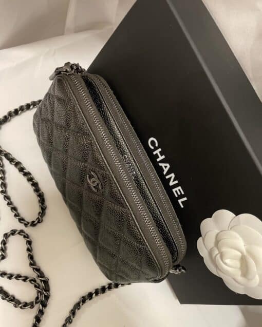 CHANEL Caviar Quilted Mini Crossbody Bag with Chain Dark Charcoal - Image 15