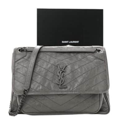 SAINT LAURENT Calfskin Matelasse Monogram Large Niki Chain Satchel in Gray Shoulder/ Crossbody Bag
