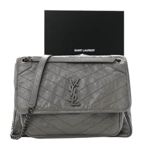 SAINT LAURENT Calfskin Matelasse Monogram Large Niki Chain Satchel in Gray Shoulder/ Crossbody Bag