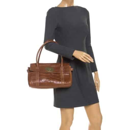 Mulberry Brown Croc Embossed Leather East West Bayswater Satchel - Image 2