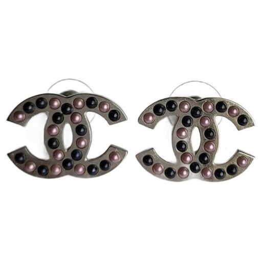 Chanel CC Earrings Silver Hardware with Pink and Navy Faux Pearls - Image 2