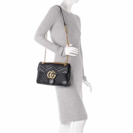 GUCCI Calfskin Matelasse Medium GG Marmont Shoulder Crossbody Bag Black - Image 3
