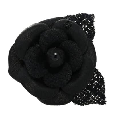 CHANEL Tweed Fabric Camellia Pin Brooch Black