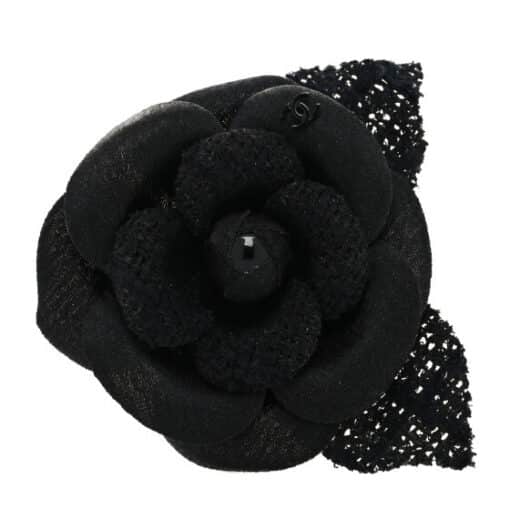 CHANEL Tweed Fabric Camellia Pin Brooch Black