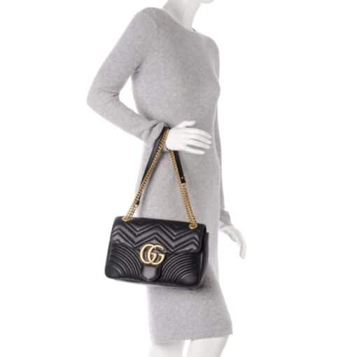 GUCCI Calfskin Matelasse Medium GG Marmont Shoulder Crossbody Bag Black - Image 6