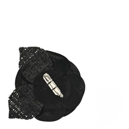CHANEL Tweed Fabric Camellia Pin Brooch Black - Image 2