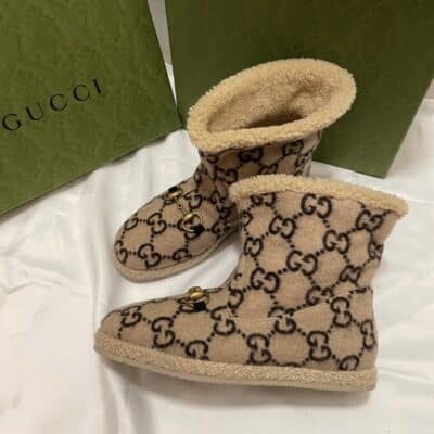 GUCCI Covered Wool GG Monogram Womens Fria Horsebit Ankle Boots (Size 37.5)