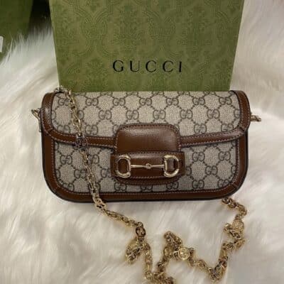 GUCCI GG Supreme Monogram Small Horsebit 1955 Chain Shoulder Bag Beige Ebony Brown Sugar
