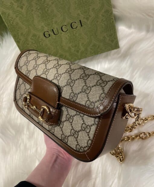 GUCCI GG Supreme Monogram Small Horsebit 1955 Chain Shoulder Bag Beige Ebony Brown Sugar - Image 15