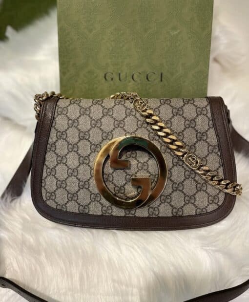GUCCI GG Supreme Monogram Textured Dollar Calfskin Blondie Chain Shoulder Flap Bag Beige Ebony. - Image 14