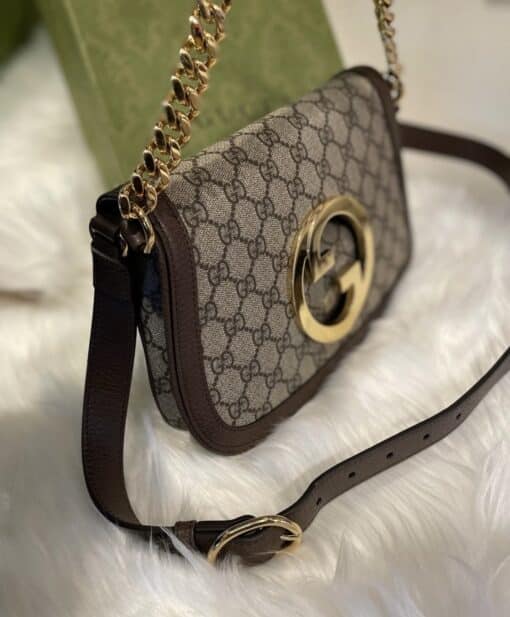 GUCCI GG Supreme Monogram Textured Dollar Calfskin Blondie Chain Shoulder Flap Bag Beige Ebony. - Image 15
