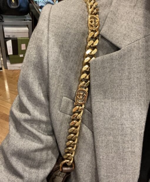 GUCCI GG Supreme Monogram Textured Dollar Calfskin Blondie Chain Shoulder Flap Bag Beige Ebony. - Image 18