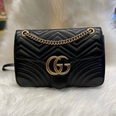 GUCCI Calfskin Matelasse Medium GG Marmont Shoulder Crossbody Bag Black