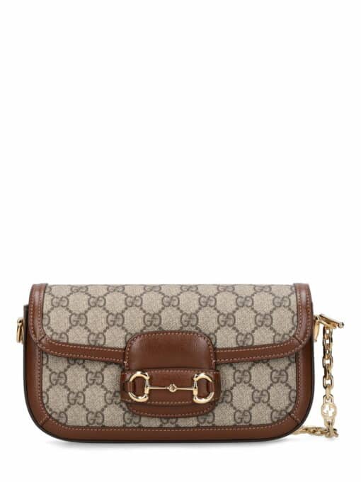 GUCCI GG Supreme Monogram Small Horsebit 1955 Chain Shoulder Bag Beige Ebony Brown Sugar - Image 2